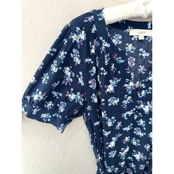 LOFT | Navy Blue Floral Midi Dress Puff Sleeve Belted V-Neck | Size 14 - Picture 3 of 7